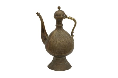 Lot 309 - AN ENGRAVED BRASS SPOUTED EWER WITH BLACK LAC INLAY