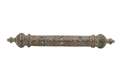 Lot 538 - A CAST AND PIERCED BRONZE SCROLL HOLDER