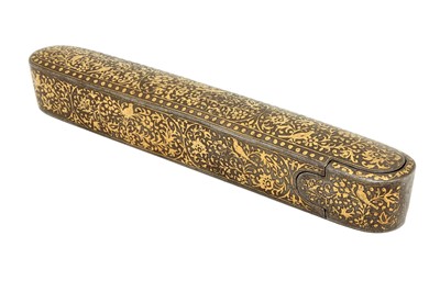 Lot 365 - A GOLD-DAMASCENED STEEL PEN CASE (QALAMDAN)