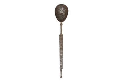Lot 534 - A LARGE ENGRAVED STEEL LADLE WITH KUFIC INSCRIPTIONS AND ANIMALS