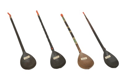Lot 474 - λ FOUR CARVED WOOD, STAINED BONE, AND CORAL SHERBET SPOONS