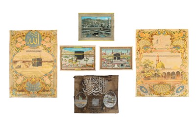 Lot 415 - FIVE CHROMOLITHOGRAPHED HAJJ CERTIFICATES AND A SOUVENIR SILK PANEL