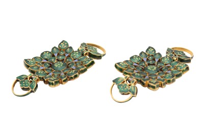 Lot 376 - λ A PAIR OF ENAMELLED GOLD NINE-GEM (NAVRATNA) ARMLETS (BAZUBAND)