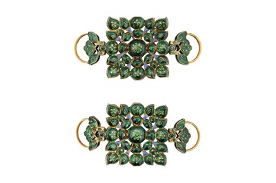Lot 376 - λ A PAIR OF ENAMELLED GOLD NINE-GEM (NAVRATNA) ARMLETS (BAZUBAND)