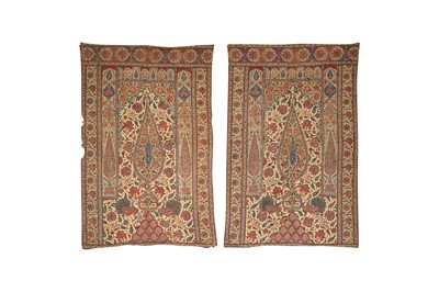 Lot 396 - A NEAR PAIR OF WOODBLOCK-PRINTED CHINTZ COTTON HANGINGS