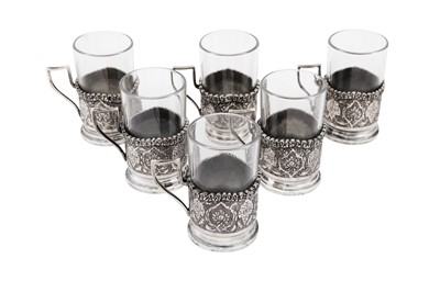 Lot 464 - A set of six Persian (Iranian) unmarked silver tea glass holders, Isfahan circa 1960