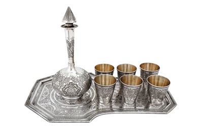 Lot 468 - An assembled mid-20th century Persian (Iranian) silver drinking set on tray, Isfahan circa 1960