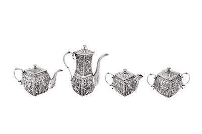 Lot 471 - A late 19th / early 20th century Persian (Iranian) silver four-piece tea and coffee service, Shiraz circa 1900
