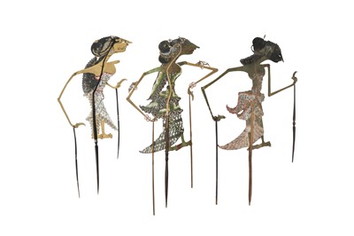 Lot 558 - λ THREE INDONESIAN WAYANG KULIT FIGURAL SHADOW PUPPETS