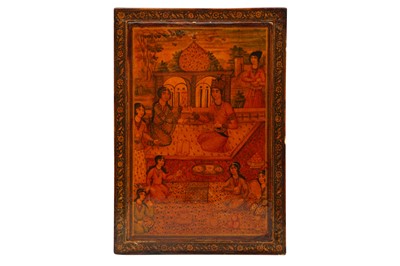 Lot 457 - A LACQUERED PAPIER-MÂCHÉ MIRROR CASE WITH BANQUET SCENES