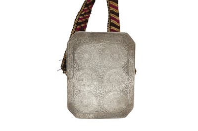 Lot 480 - AN ENGRAVED SILVER TALISMANIC PLAQUE IN VELVET POUCH