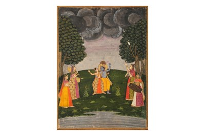 Lot 256 - AN ILLUSTRATION FROM A GITA GOVINDA: A KRISHNA LILA SCENE