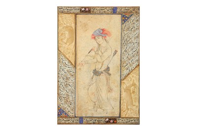 Lot 465 - AN ARCHAISTIC SAFAVID-REVIVAL PORTRAIT OF AN ARCHER
