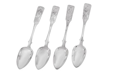 Lot 472 - A set of four Nicholas I Russian 84 zolotnik (875 standard) silver tablespoons, Saint Petersburg 1832 by Yevstafy Silantiev (active 1810-1847)