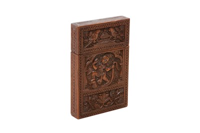 Lot 292 - A CARVED SANDALWOOD CARD CASE WITH HINDU DEITIES