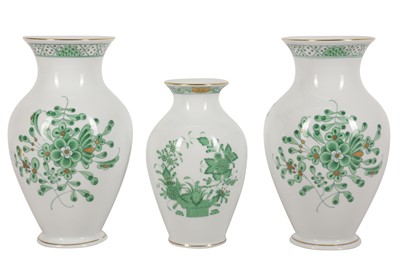 Lot 403 - THREE HEREND GREEN DECORATED VASES