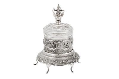 Lot 384 - An early 20th century Burmese silver betel box on stand, Rangoon dated 1928