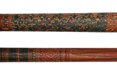 Lot 271 - TWO THIN SINHALESE POLYCHROME-PAINTED AND LACQUERED BOWS