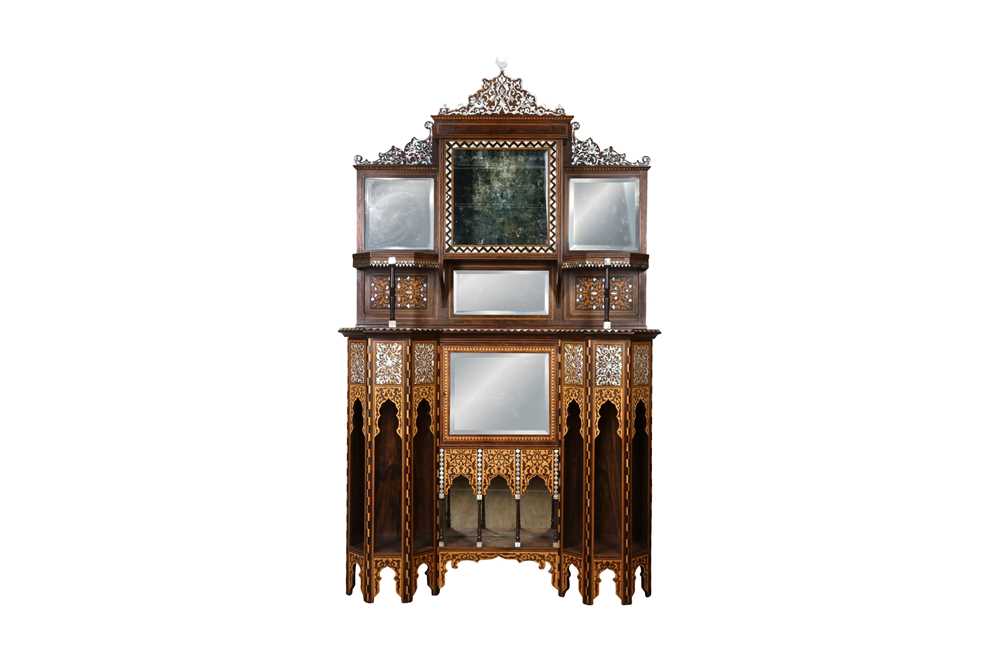 505 - λ A HARDWOOD MOTHER-OF-PEARL AND STAINED WOOD-INLAID ORIENTALIST MIRROR CABINET