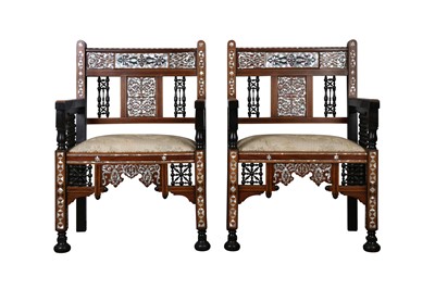 Lot 503 - λ A PAIR OF HARDWOOD MOTHER-OF-PEARL AND EBONY-INLAID ARMCHAIRS