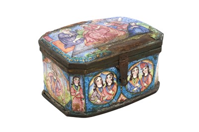 Lot 463 - A QAJAR POLYCHROME-PAINTED ENAMELLED CASKET