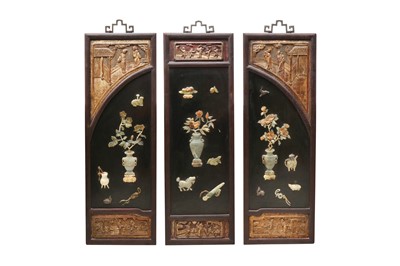 Lot 427 - THREE CHINESE HARDSTONE-INLAID 'TREASURES' PANELS