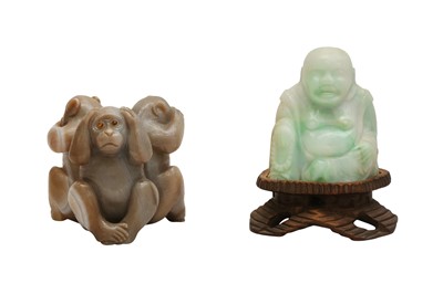 Lot 269 - CARVED STONE THREE WISE MONKEYS AND JADE BUDDHA