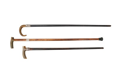 Lot 424 - λ THREE RHINOCEROS HORN AND HORN-HANDLED WALKING STICKS