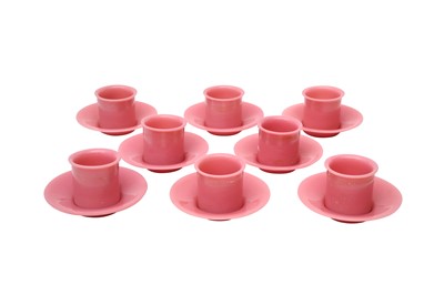 Lot 470 - A GROUP OF EIGHT CHINESE PINK BEIJING GLASS CUPS AND SAUCERS