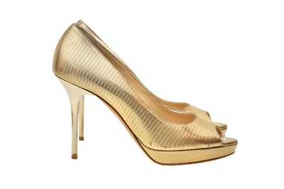 Lot 577 - Jimmy Choo Gold Peep Toe Heeled Pump - 36