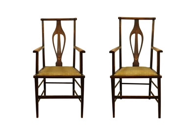 Lot 504 - A PAIR OF EDWARDIAN ART NOUVEAU MARQUETRY INLAID OPEN ARMCHAIRS