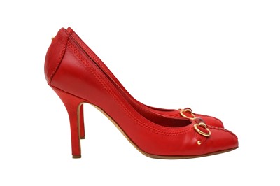 Lot 257 - Christian Dior Red Horsebit Logo Heeled Pump - Size 36