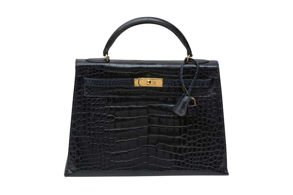 349 - λ Hermes Shiny Navy Porosus Crocodile Kelly Sellier 32