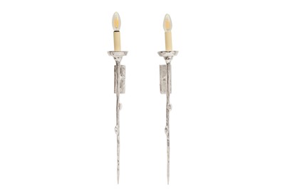 Lot 480 - A PAIR OF PORTA ROMANA NICKEL PLATED WALL SCONCES