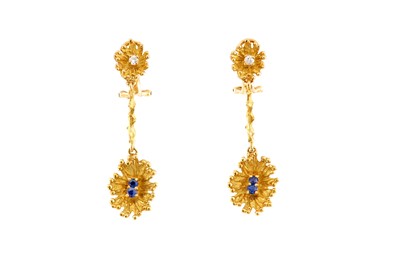 Lot 167 - A pair of sapphire and diamond pendent earclips, 1972-73