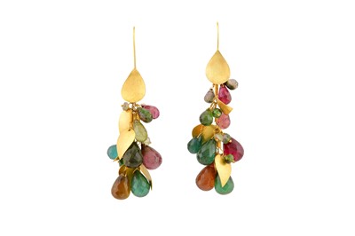 Lot 196 - A PAIR OF GOLD AND MULTI-COLOURED TOURMALINE EARRINGS