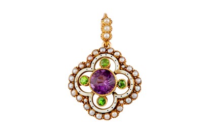 Lot 127 - A enamel, pearl, amethyst and demantoid garnet brooch / pendant, circa 1905
