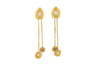 Lot 59 - Jacqueline Stieger | A pair of sapphire, opal and diamond pendent earrings, 1982