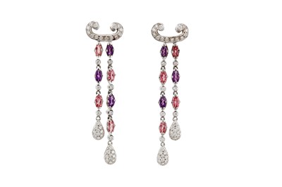 Lot 121 - A pair of amethyst, pink tourmaline and diamond pendent earrings