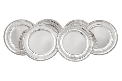 Lot 502 - Duke of Marlborough – A set of six George III sterling silver dinner plates, London 1804 by William Stroud (reg. 7th July 1788)