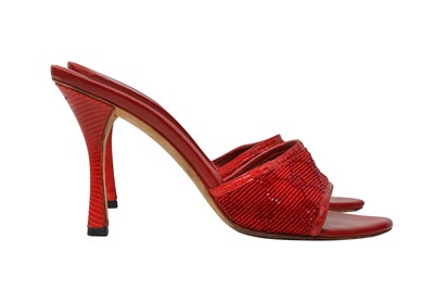 Lot 280 - λ Gucci Red Embellished Monogram Heeled Mule - Size 36