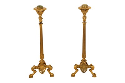 Lot 236 - A PAIR OF 19TH CENTURY LOUIS XV BRASS CANDLESTICKS