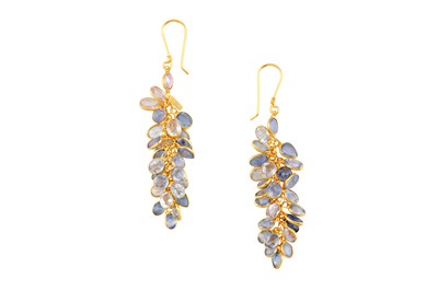 Lot 53 - A pair of sapphire and white sapphire pendent earrings