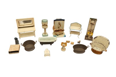 Lot 118 - A COLLECTION OF TIN AND ENAMEL DOLLS HOUSE BATHROOM FURNITURE