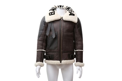 Lot 269 - Balenciaga Brown Oversized Le Bombardier Logo Shearling Jacket - Size 36
