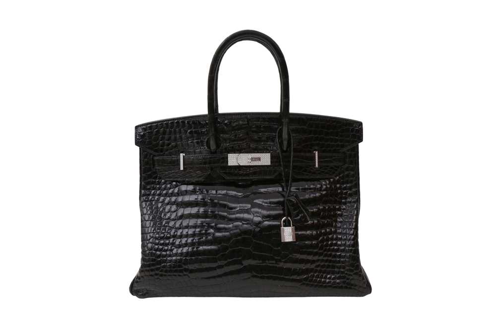 724 - λ Hermes Shiny Black Porosus Crocodile Diamond Birkin 35