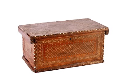 Lot 446 - λ A SMALL HISPANO-MORESQUE MUDEJAR IVORY AND BONE-INLAID WALNUT CHEST
