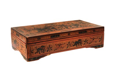 Lot 384 - A LARGE BURMESE RED AND BLACK LACQUER 'ELEPHANTS' BOX AND COVER