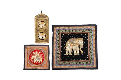 Lot 409 - THREE EMBROIDERED 'ELEPHANT' PANELS, 20TH-21ST CENTURY