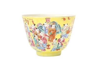 Lot 130 - A CHINESE FAMILLE ROSE YELLOW-GROUND 'HUNDRED BOYS' CUP